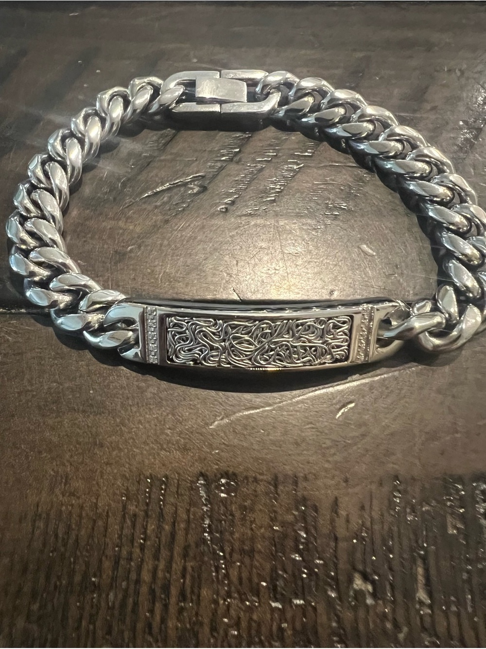 Sterling-Style Silver Men's Engraved ID Chain Bracelet